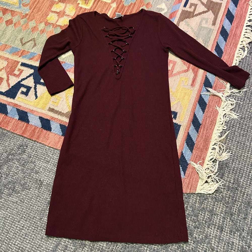 Forever 21 Maroon Lace-Up Dress Fitted Ribbed Dress